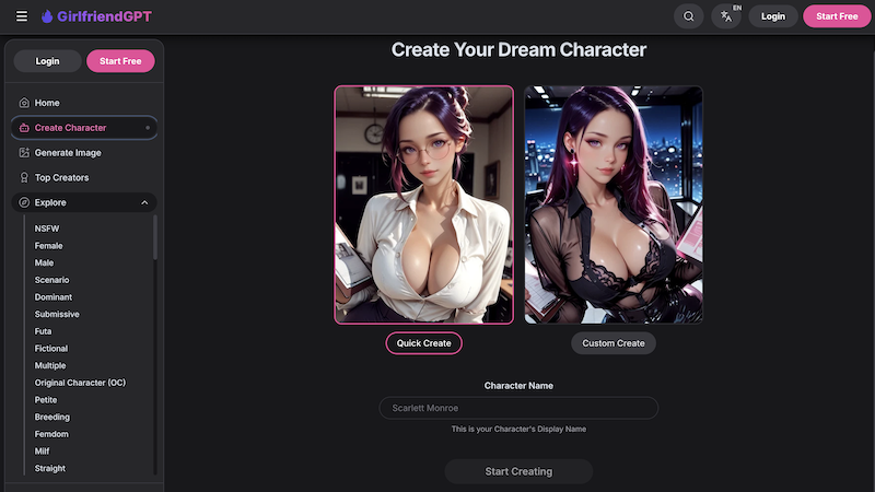 Screenshot of character creation on GirlfriendGPT
