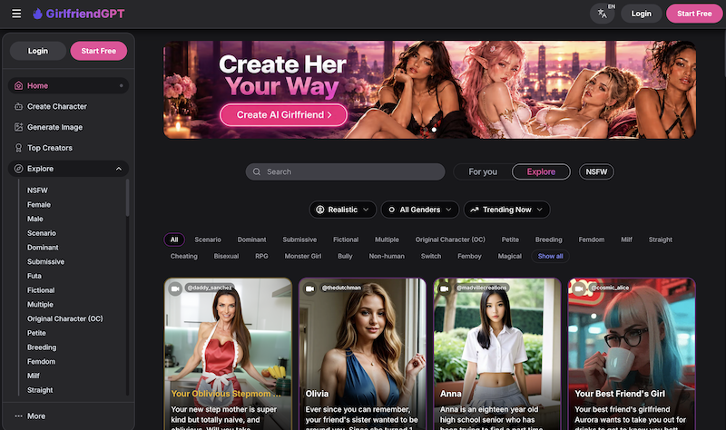 Screenshot of the GirlfriendGPT platform